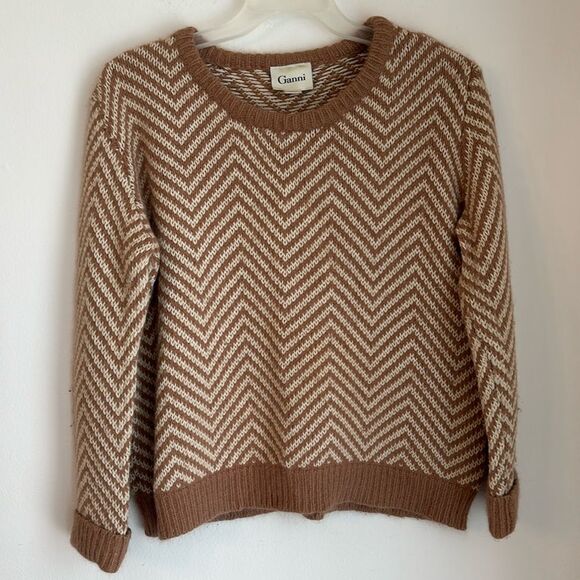 Ganni Anthropologie Women’s wool angora blend chevron tan crew neck sweater XL - Picture 3 of 11